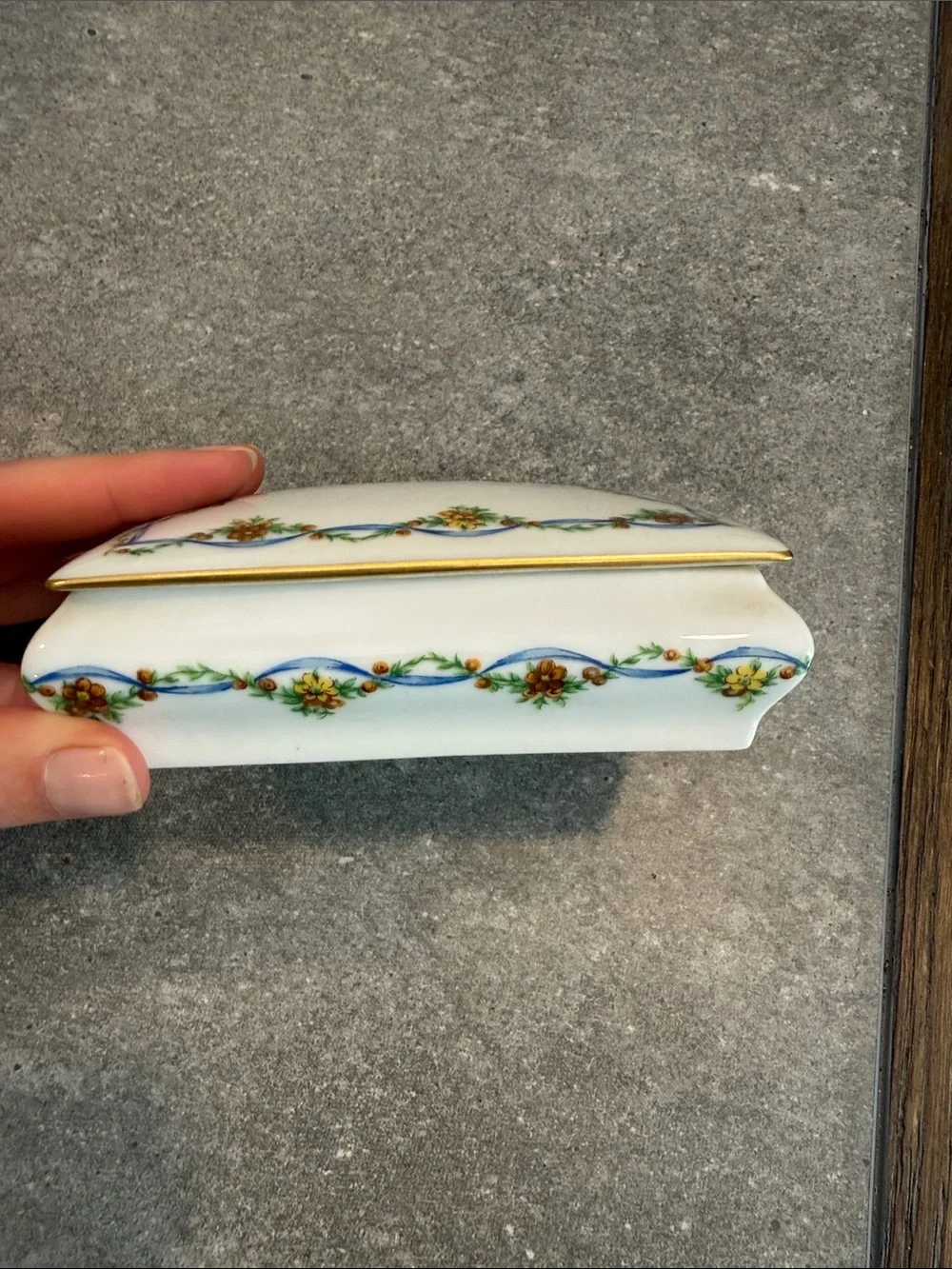 Limoges France Blue Bow Porcelain Floral Trinket Box